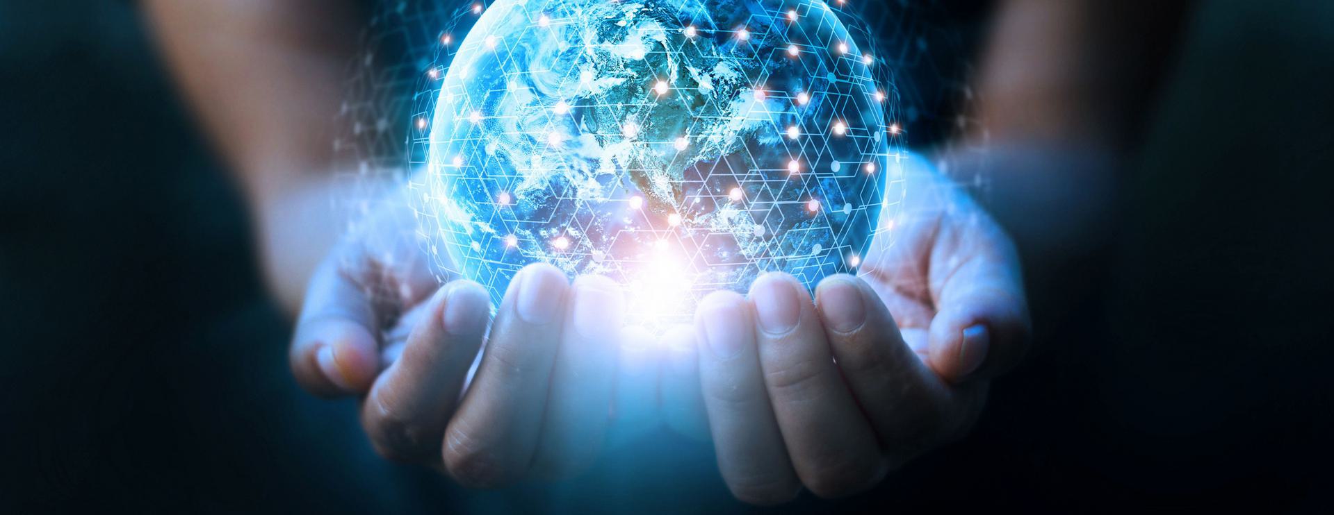 International Background Check Hands holding a glowing digital Earth with network connections