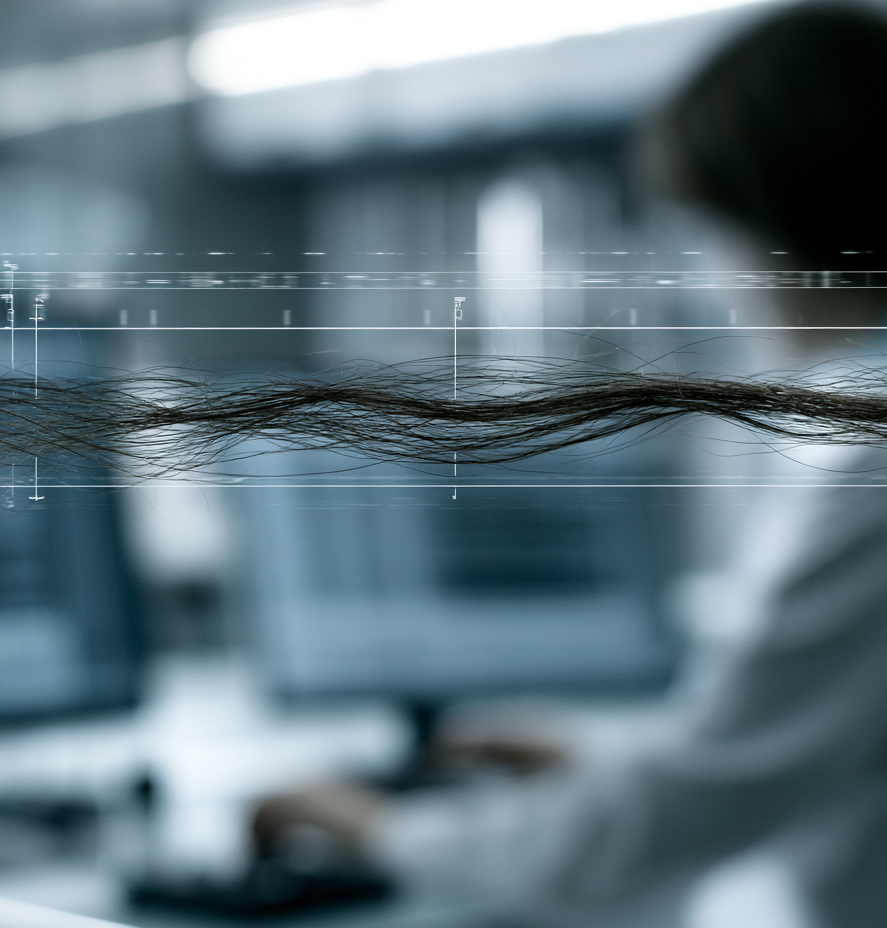 Close-up of a hair strand being analyzed with digital measurements in a laboratory setting, with blurred background showing a person working at computers.
