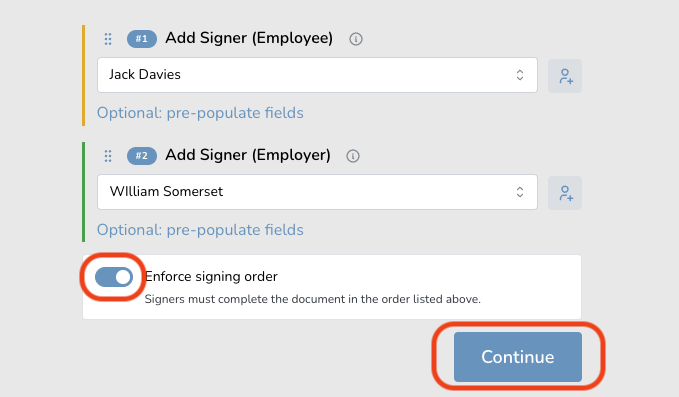 Digital form interface showing fields for adding signers with names Jack Davies and William Somerset, enforce signing order toggle activated.