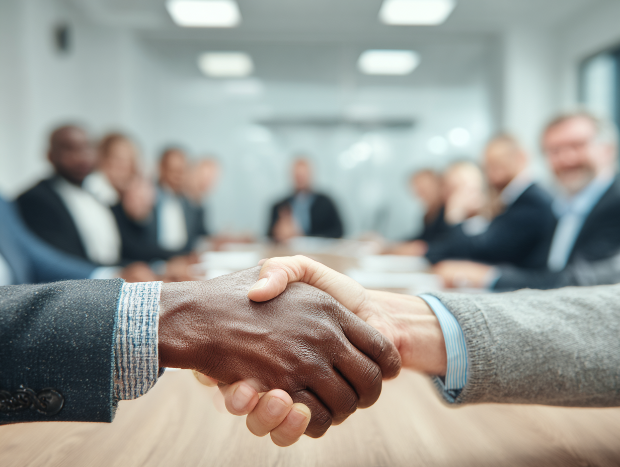 Two people shaking hands in a conference room with blurred colleagues in the background.