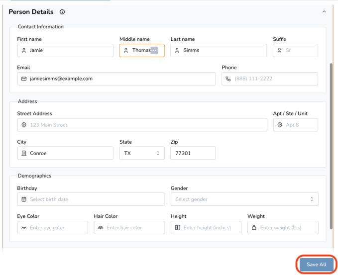 Form interface displaying fields for personal details including name, email, phone, address, and demographics with a 'Save All' button highlighted.