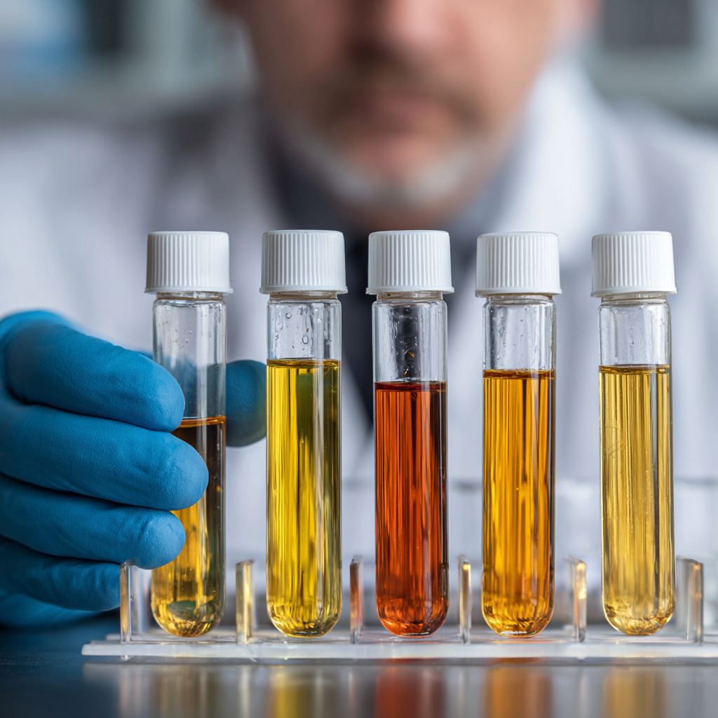 Scientist examining test tubes with colored liquids in a laboratory setting.
