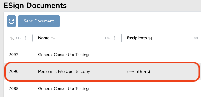 ESign Documents interface showing a highlighted document titled 'Personnel File Update Copy' with six additional recipients.