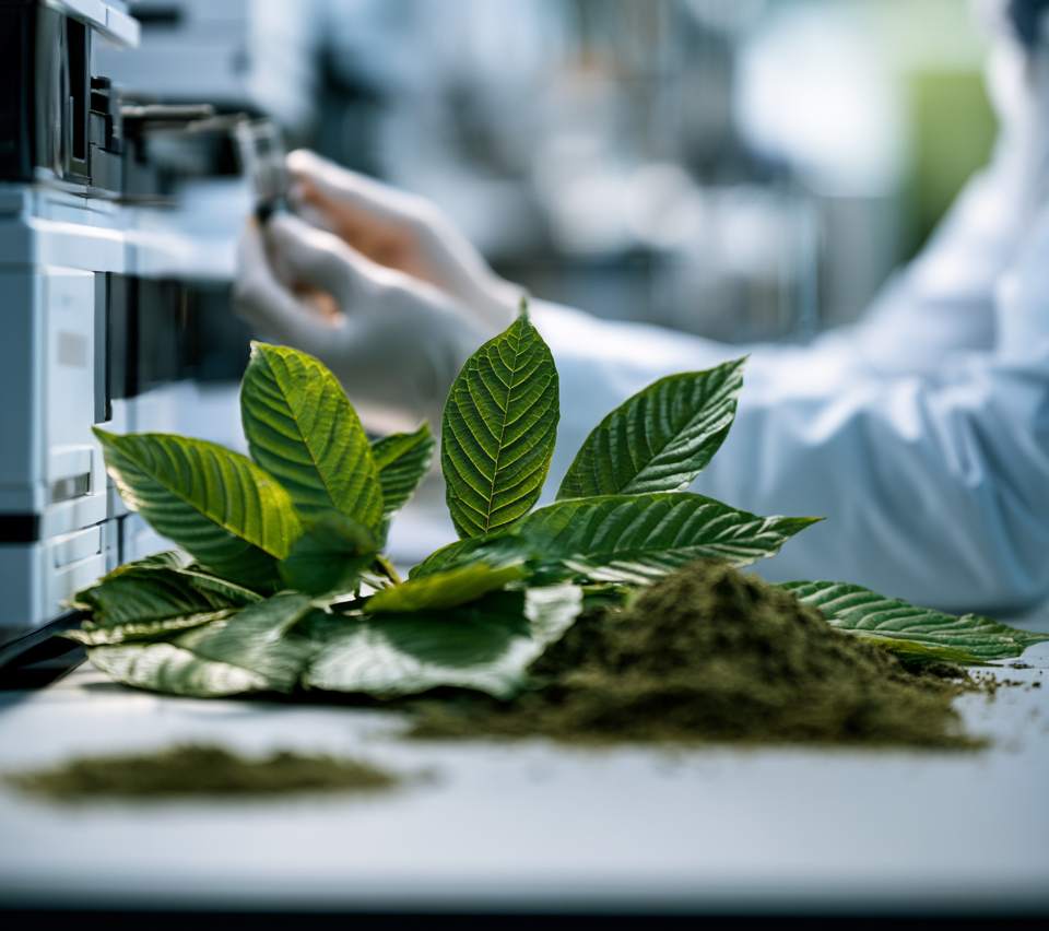 Kratom Research in Laboratory Kratom leaves and powder on a laboratory table with a scientist working in the background.