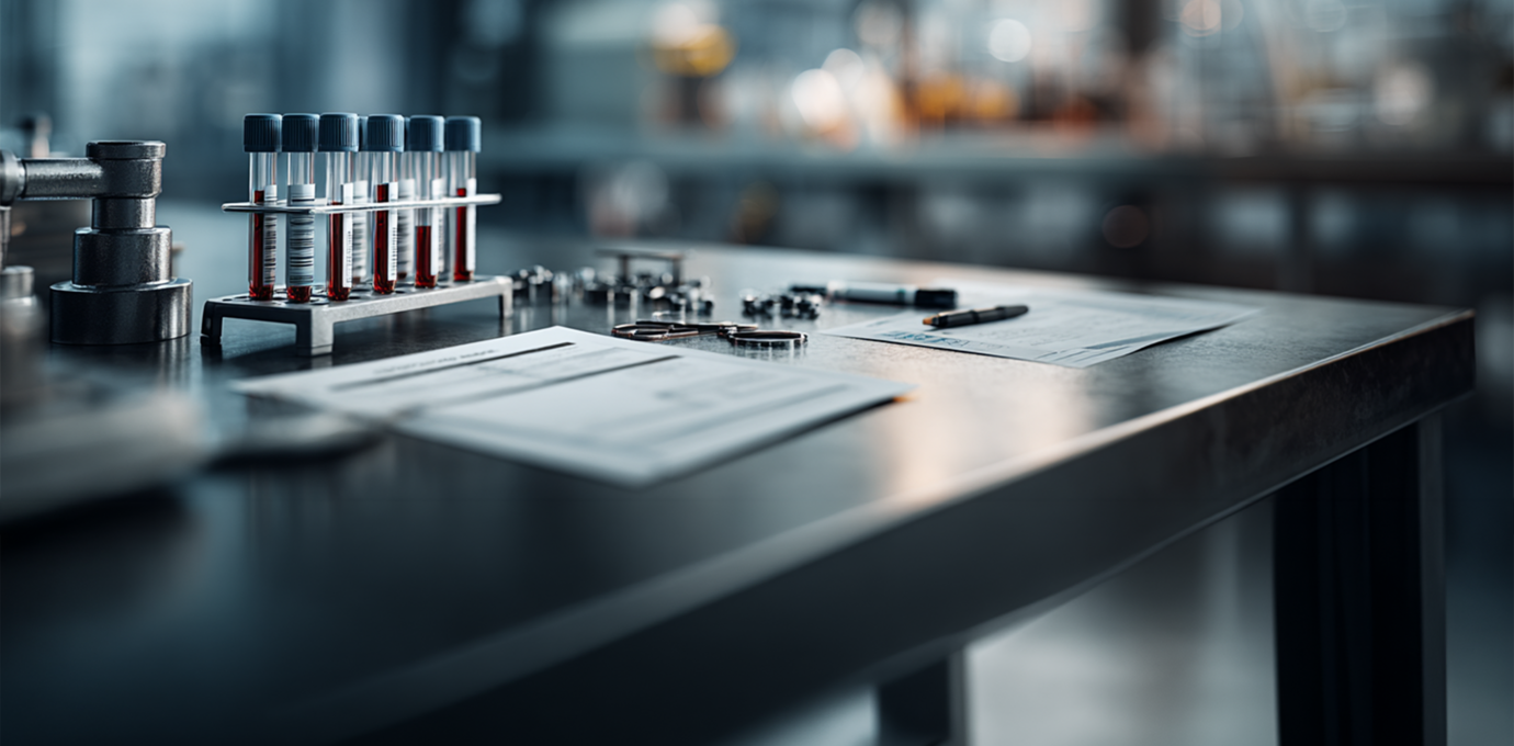 Blood collection tubes on a laboratory bench with lead pipes, lead solder, and industrial materials, representing Lead and Zinc Protoporphyrin (ZPP) blood testing for workplace lead exposure monitoring.