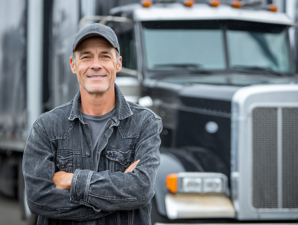 Smiling truck driver in denim jacket and cap standing in front of a large black semi-truck.