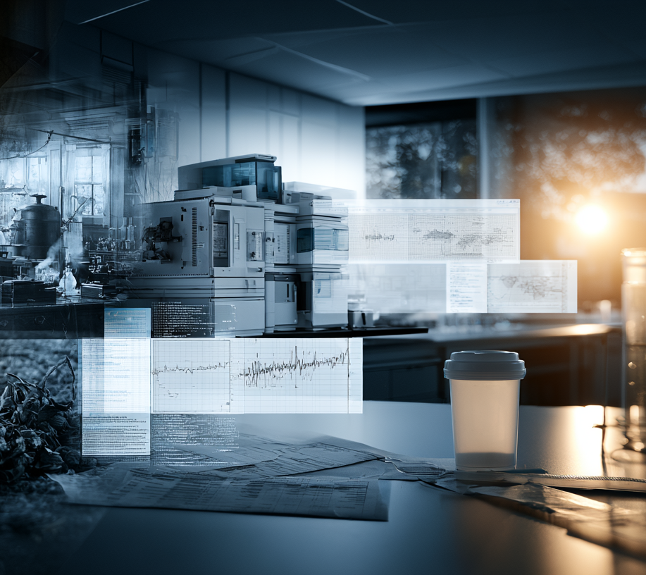 Composite illustration showing the evolution of drug testing with ancient medicinal herbs and papyrus, an early horse racing laboratory, and a modern forensic laboratory with chromatography equipment and testing specimens.