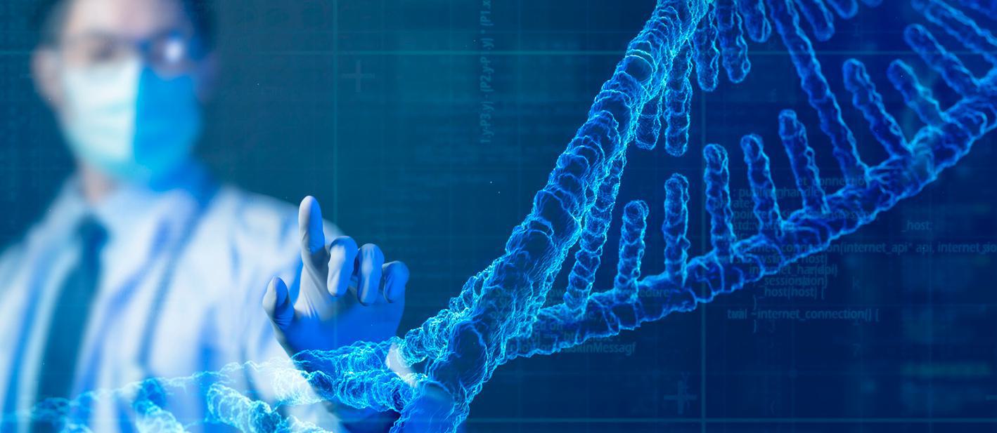 Scientist in mask interacting with digital DNA strand on a blue background.