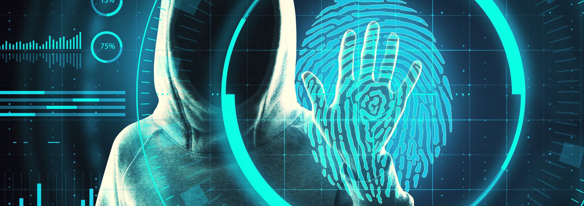 Triple Database Package Hooded figure with digital fingerprint and data graphics.