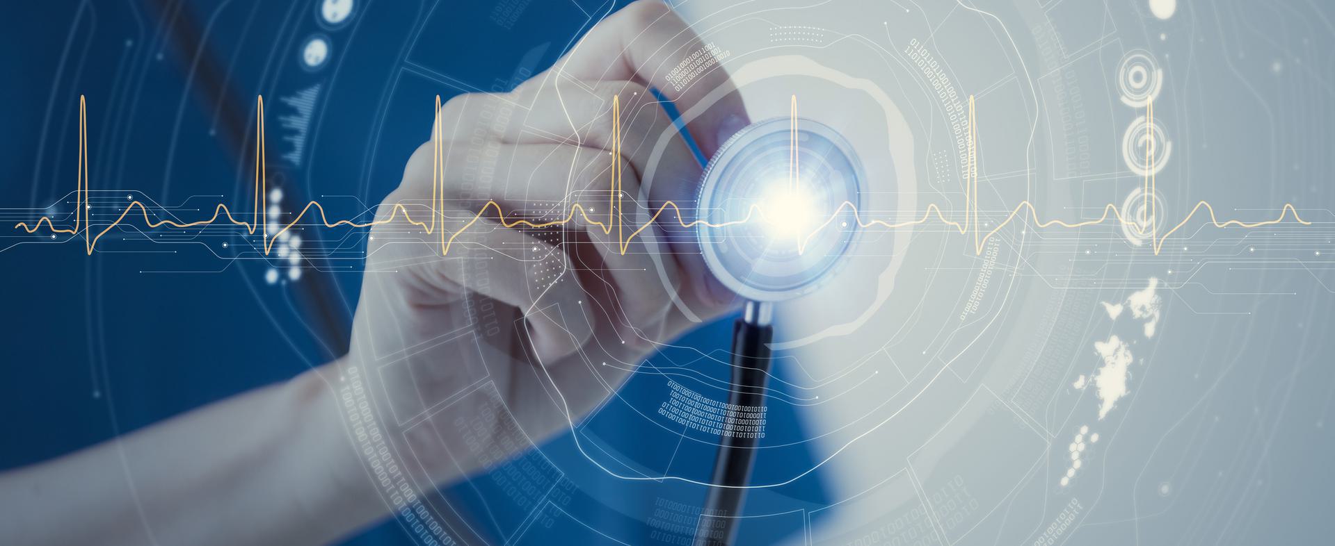 EKG Hand holding a stethoscope with digital heartbeat and data overlay.