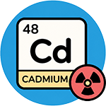 Cadmium element symbol with atomic number 48 and radiation warning sign.
