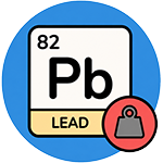 Periodic table element symbol for lead, Pb, with atomic number 82 and a weight icon.