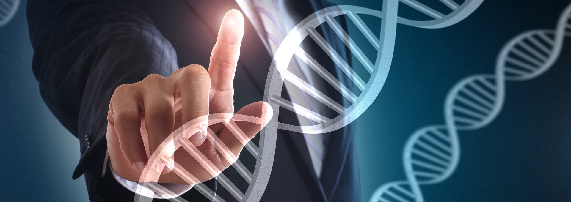 Legal Paternity DNA Tests Person in a suit touching a digital DNA strand, symbolizing legal DNA paternity testing.