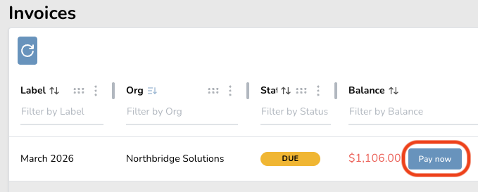 Invoice interface showing a due payment of $1,106.00 for Northbridge Solutions with a 'Pay now' button highlighted.