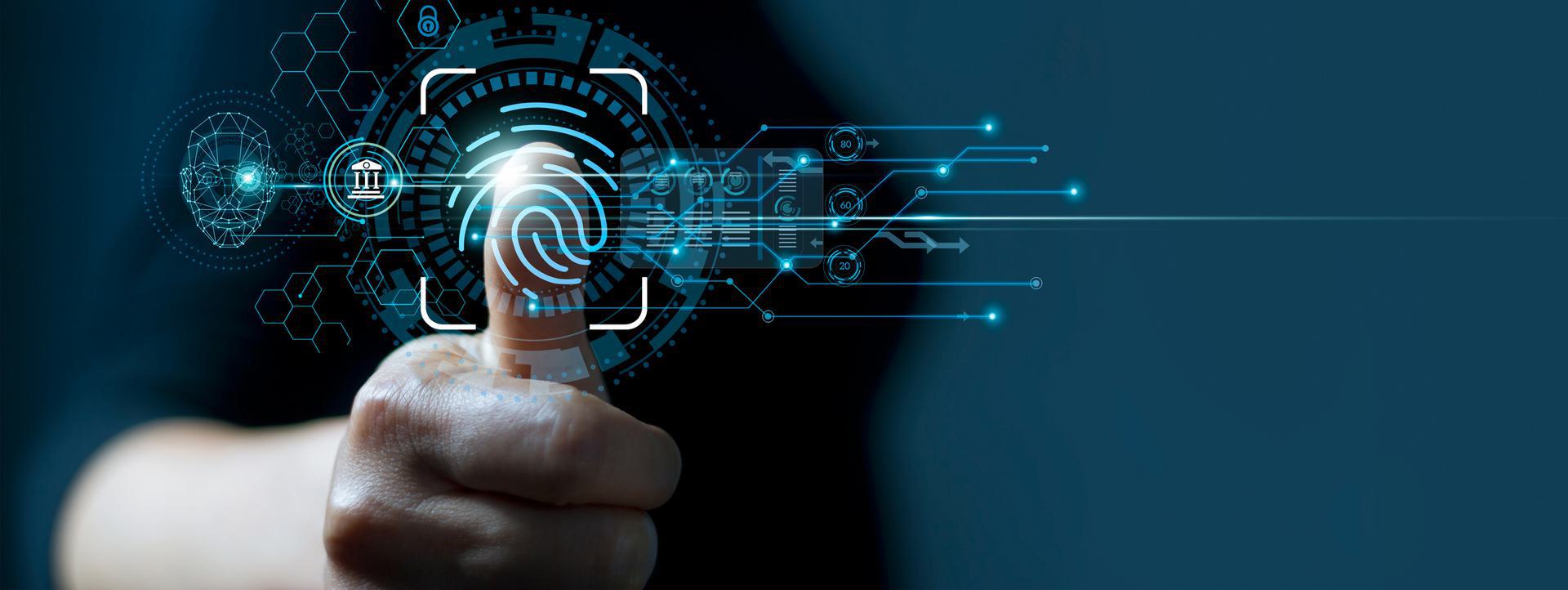 Ultimate Package (Platinum + 10 Panel Drug Test) Close-up of a thumb with digital fingerprint scanning technology overlay, featuring futuristic interface elements and biometric data visualization.