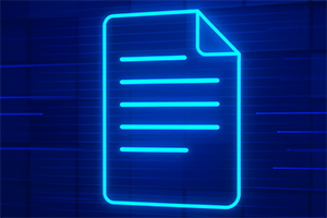 Glowing blue neon icon of a document with lines representing text, set against a dark background.