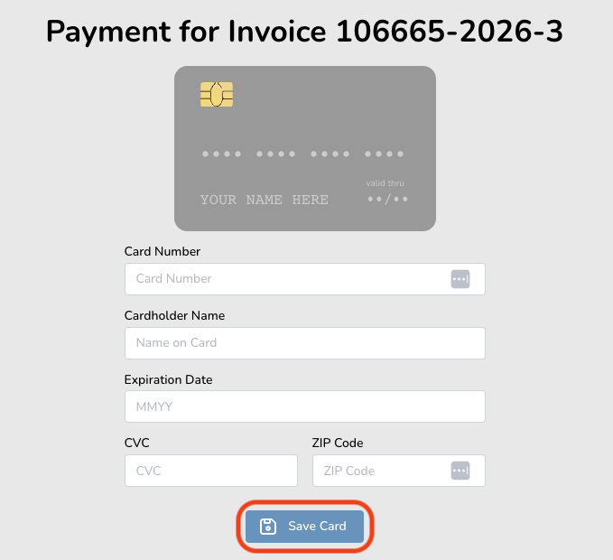 Online payment form for GLASS invoice with fields for card number, cardholder name, expiration date, CVC, and ZIP code.