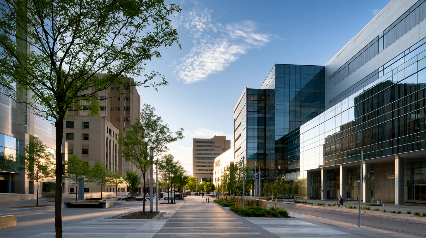 Urban Street View Modern urban street with glass buildings and trees lining the walkway under a clear blue sky.