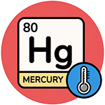 Mercury element symbol with thermometer icon, atomic number 80.