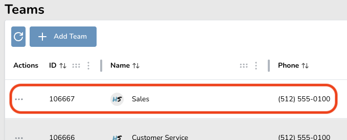 Highlighted entry for the Sales team in a Teams management table.