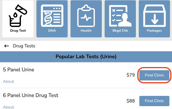 Interface showing options for drug tests, including a 5 Panel Urine test priced at $79 with a 'Find Clinic' button highlighted.