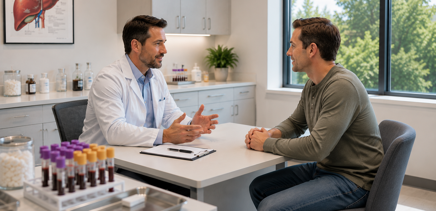 Physician discussing Hepatic Function Panel blood test results with a patient in a modern occupational health clinic, with blood collection tubes and liver anatomy artwork visible in the background.