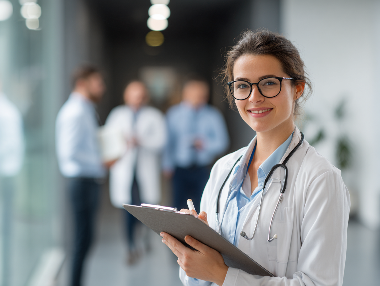Smiling female doctor with glasses holding a clipboard, with colleagues in the background.