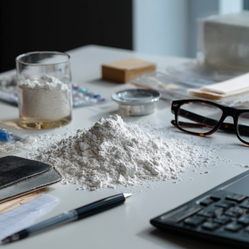 Fentanyl powder on a desk surrounded by glasses, pen, and calculator.