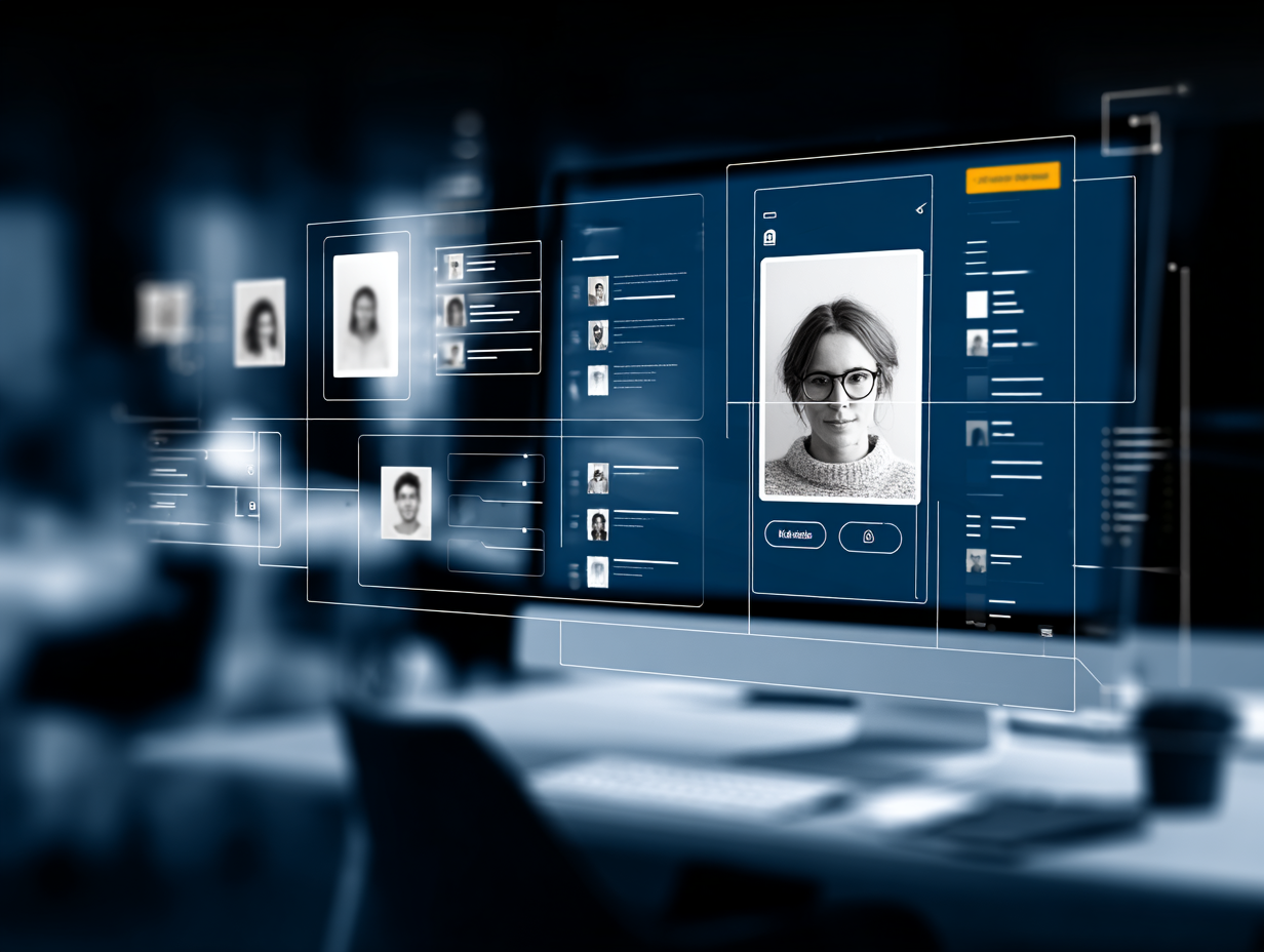 Digital interface displaying profile pictures and information on a computer screen in an office setting.