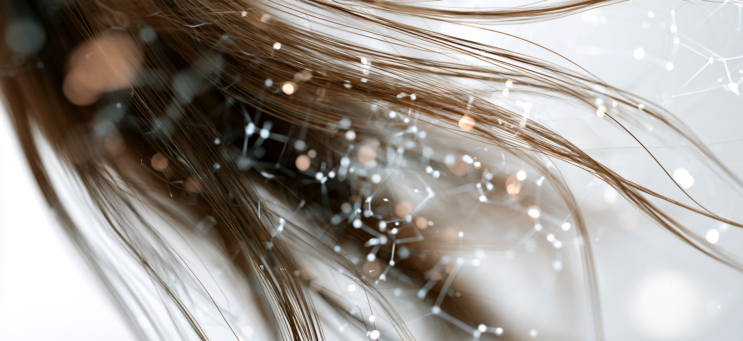 Close-up of flowing brown hair intertwined with abstract network lines and glowing nodes.