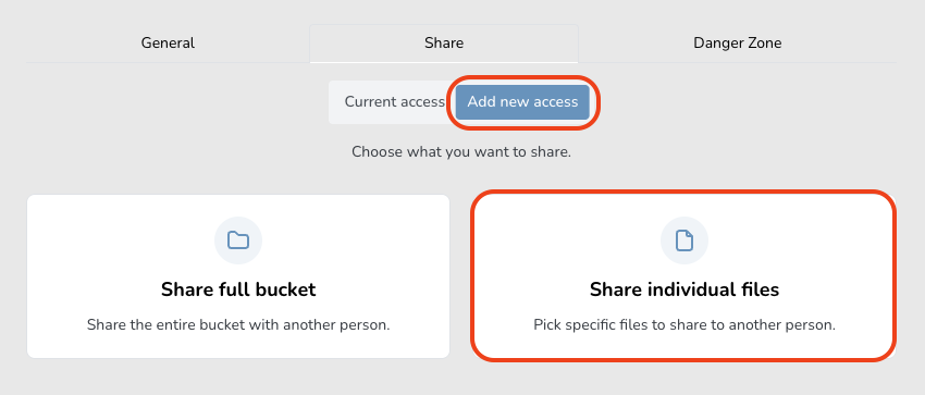 Add New Access Options Interface showing options to share a full bucket or individual files with highlighted 'Add new access' button.