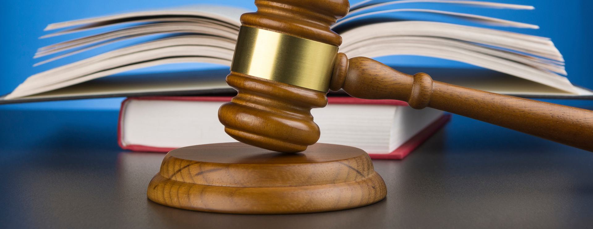 Wooden gavel resting on a sound block with an open law book in the background.
