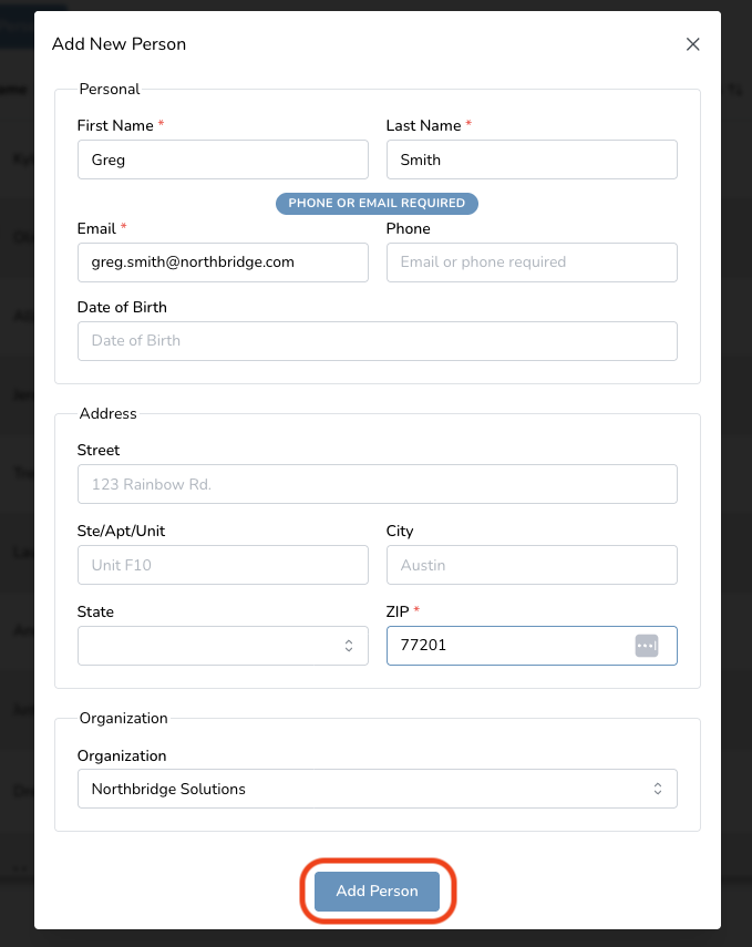 Form for adding a new person with fields for personal information, address, and organization details. 'Add Person' button highlighted.