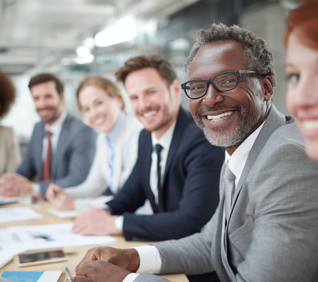 Sales Representatives Diverse group of professionals smiling during a business meeting around a conference table.