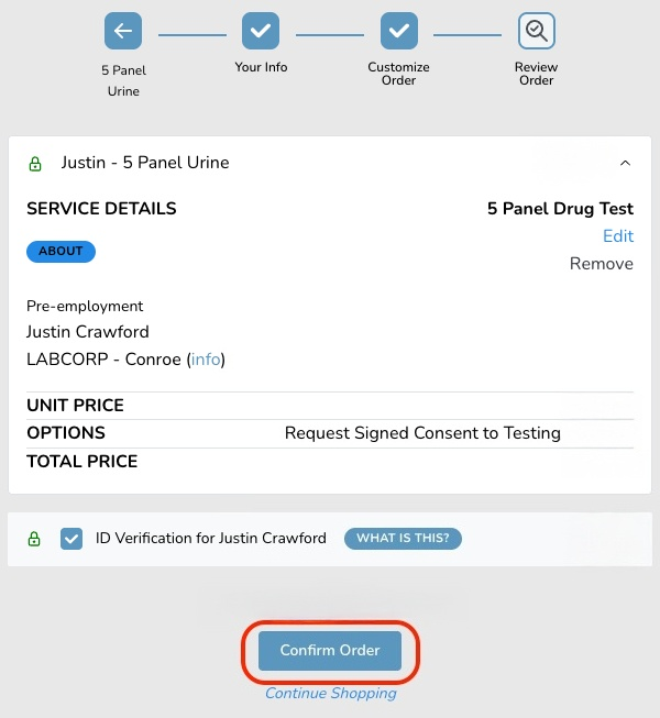 Order confirmation page for a 5 Panel Urine drug test, showing service details with an option to confirm the order.