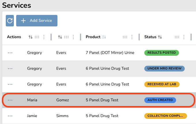Service management dashboard showing drug test statuses for different individuals, including results posted and under review.