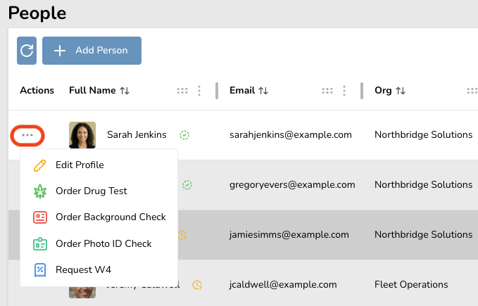 User interface showing a list of people with options to edit profile, order drug test, background check, photo ID check, and request W4.