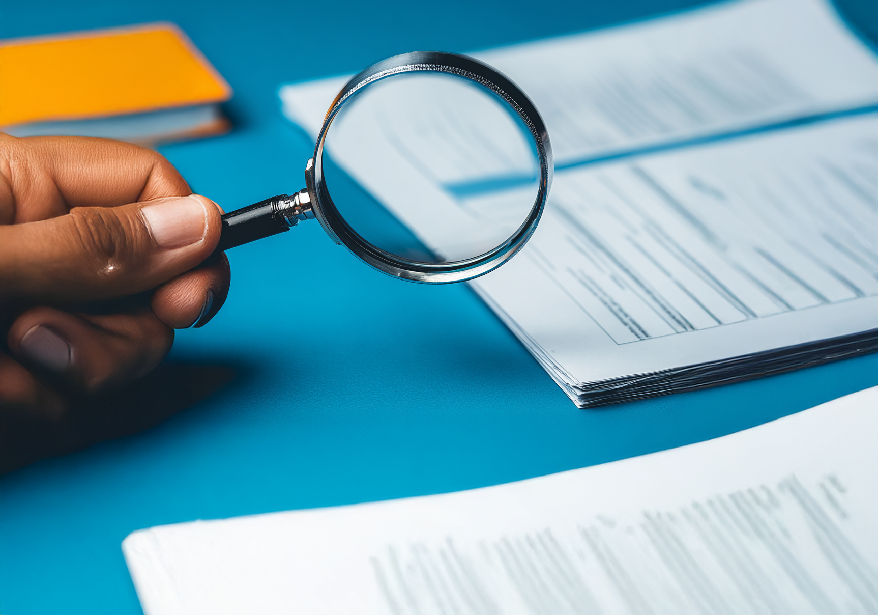 Hand holding a magnifying glass over a document with blurred text on a blue background.