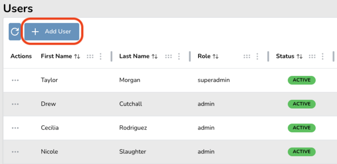 User management interface with a list of users, including their ID, first name, last name, role, and status. A button labeled 'Add User' is highlighted at the top left.