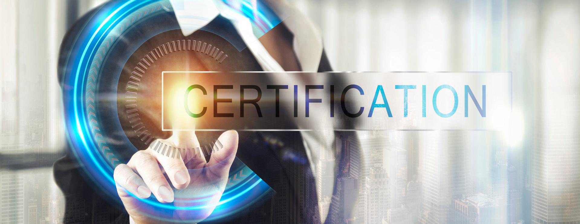 Person interacting with a digital interface displaying the word 'CERTIFICATION' in a futuristic setting.