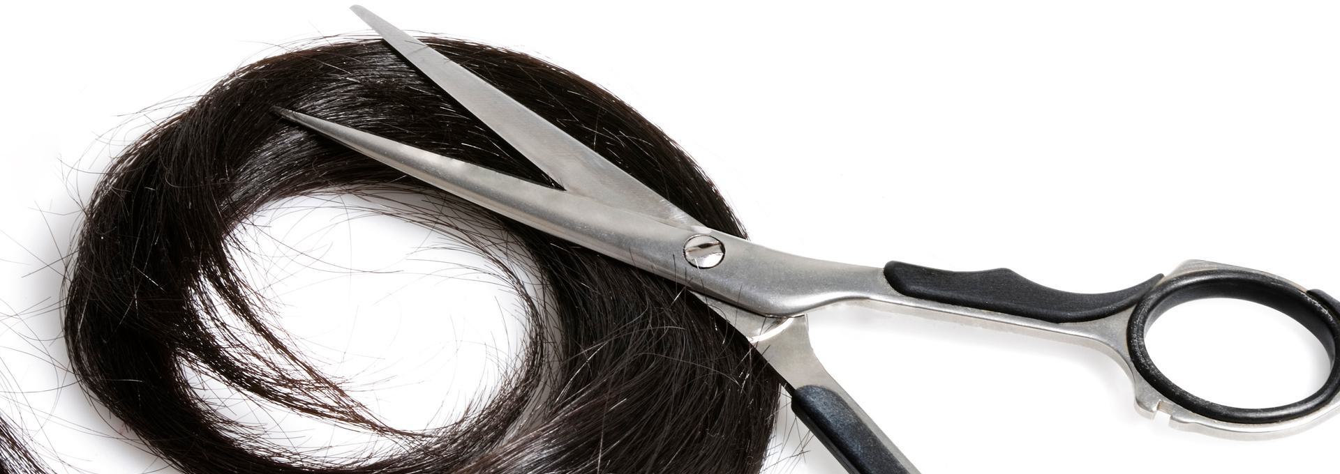 Pair of scissors cutting a lock of dark brown hair on a white background.