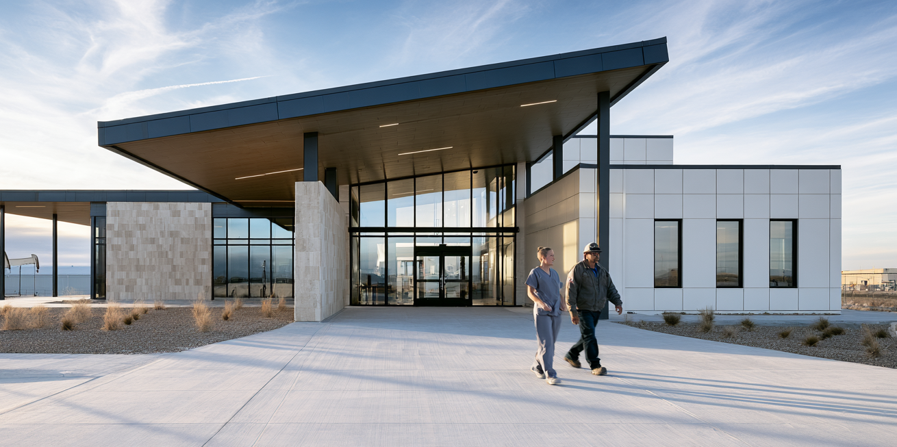 Contemporary Building Exterior Modern building with large glass windows and overhanging roof, two people walking in front, clear sky background.