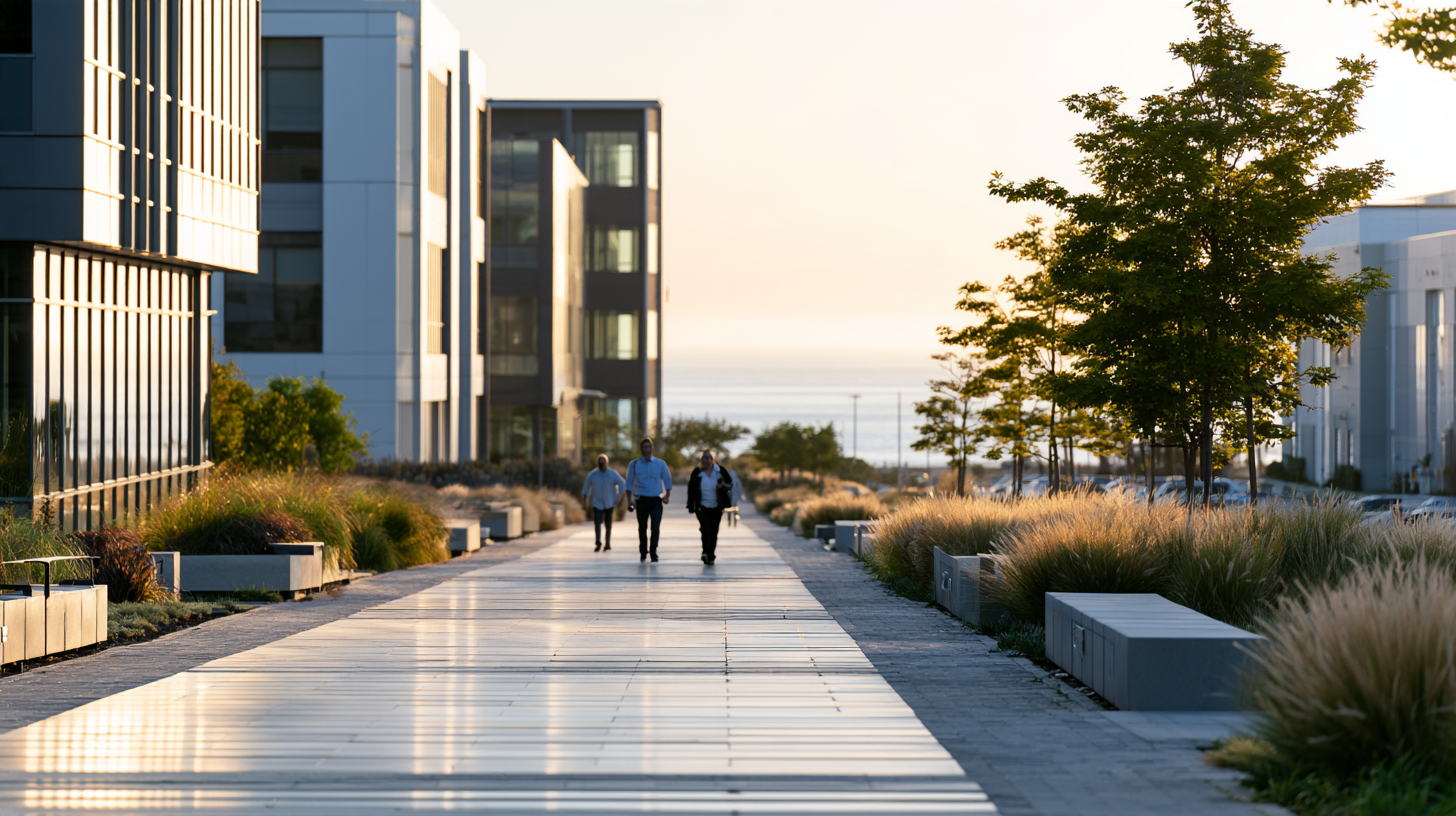 Three people walking on a modern campus pathway lined with trees and grass, surrounded by office buildings at sunset.