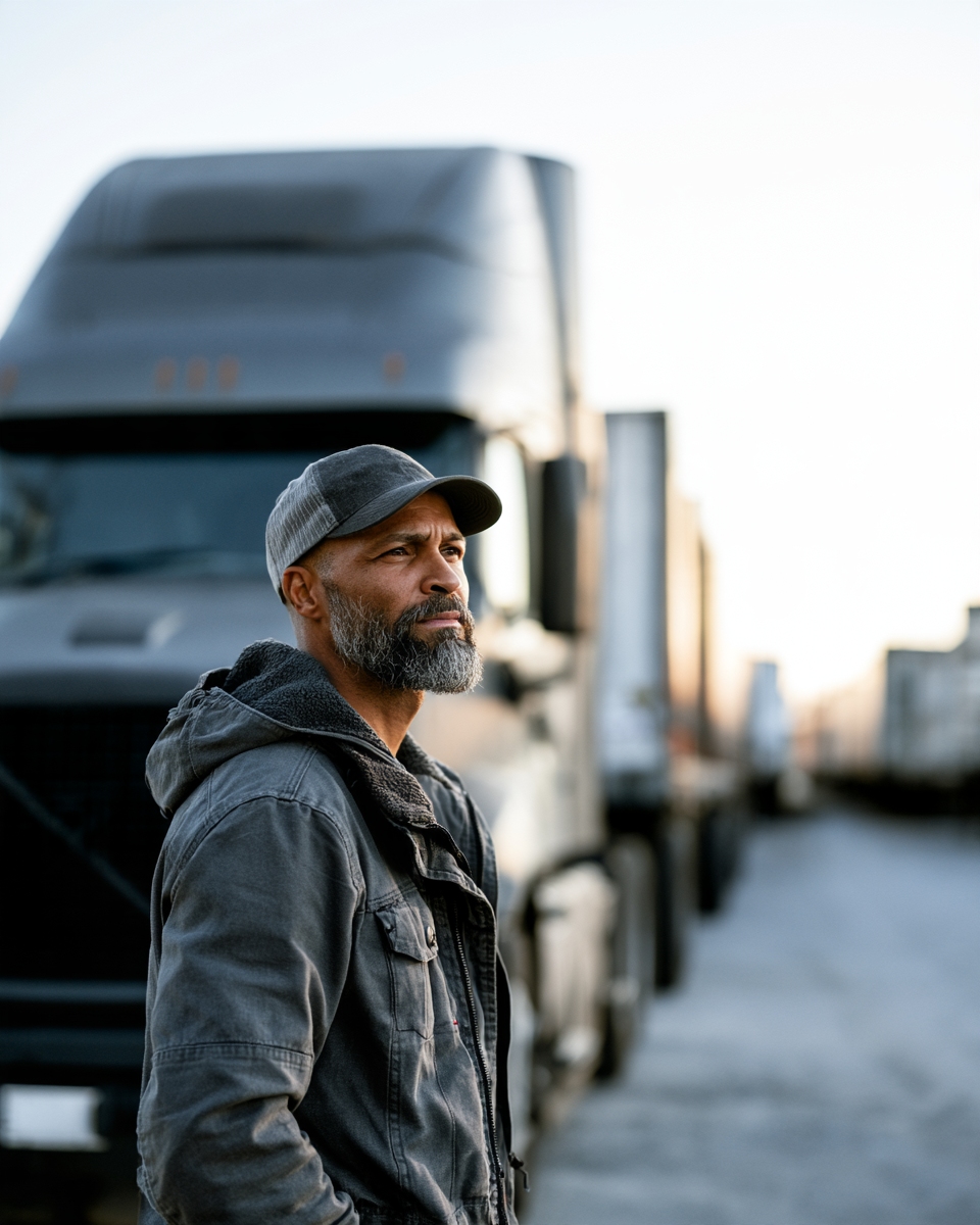 Man in a cap and jacket standing next to a row of parked semi-trucks on a clear day.