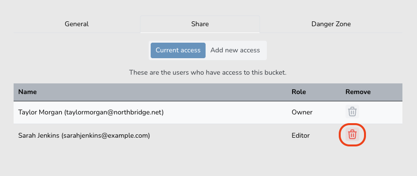 Access Settings Overview User access settings showing Taylor Morgan as Owner and Sarah Jenkins as Editor with a highlighted delete icon.