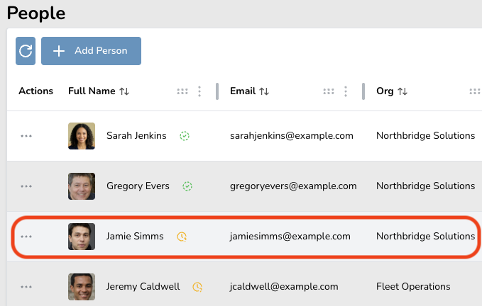 Highlighted entry of Jamie Simms in a contact list, showing email and organization details.