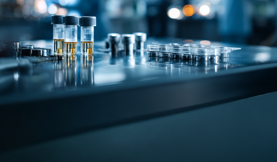 Chromium Urine Test for Workplace Exposure Monitoring Chrome-plated industrial parts and stainless steel welding samples on a laboratory bench with urine specimen containers in the background, representing chromium urine testing for occupational exposure monitoring.