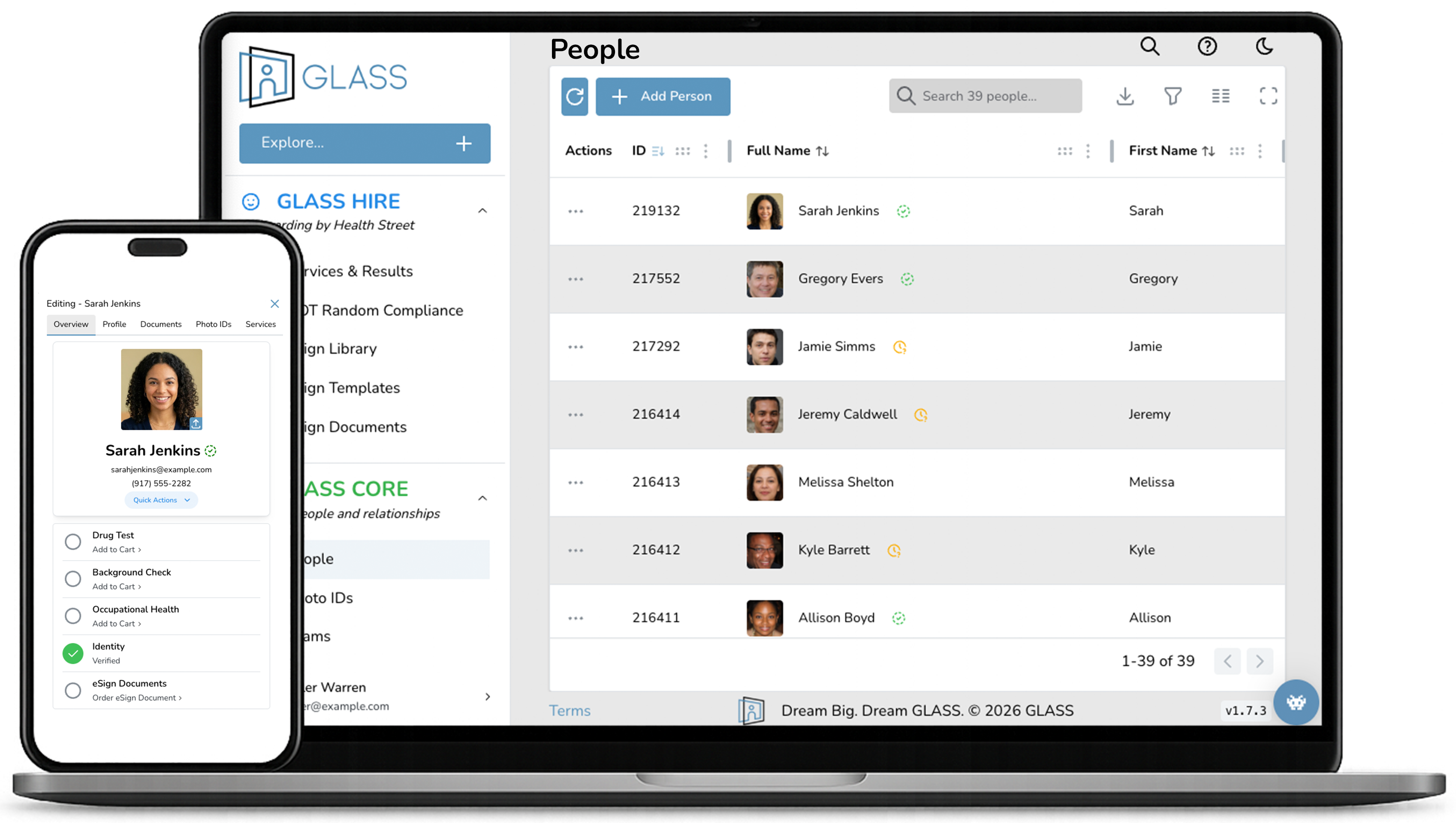 Mobile and desktop view of GLASS software interface displaying user profiles and contact details.