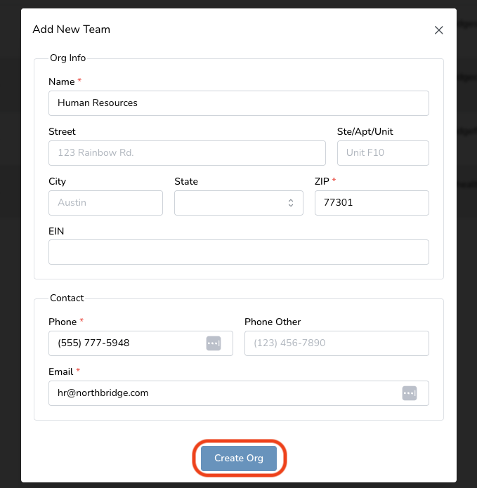 Form interface for adding a new team with fields for team info and contact details, including name, address, phone number, and email. A 'Create Org' button is highlighted.