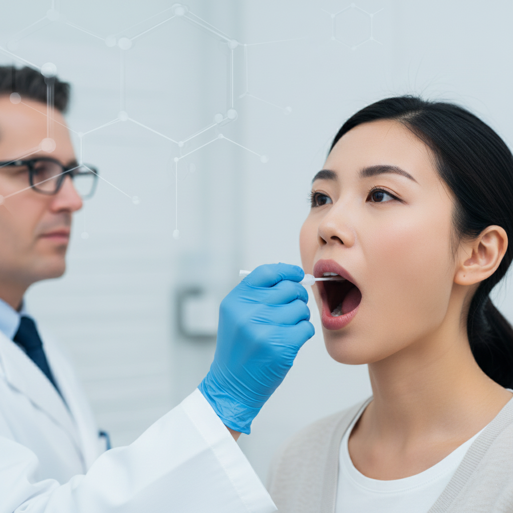 Doctor in white coat and blue gloves taking a mouth swab from a patient for drug testing.
